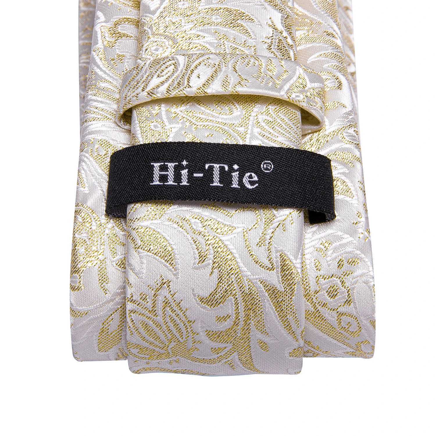 Hi-Tie Champagne Gold-color Silk Mens Elegant Ties Fashion Mens Necktie Pocket Square Cufflinks Set Business Party Wedding X2504071
