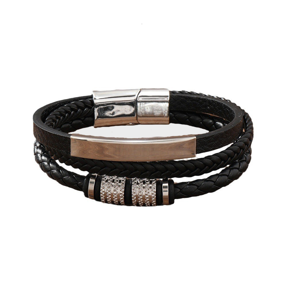 Men's high-end trendy multi-layer leather bracelet, stainless steel accessory