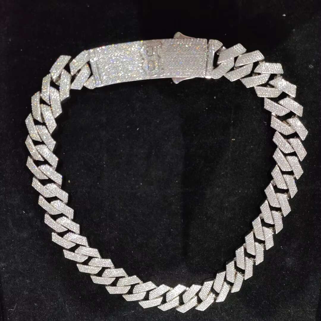 Silver Hip Hop Rapper 15mm VVS Moissanite Baguette Diamond Cuban Link Chain Bracelet 925 Silver