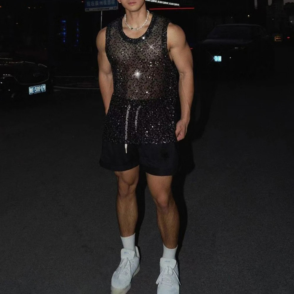 Mens vest mesh sequins sexy nightclub tank top summer fashion hollow stage performance sleeveless top mens clothing style 250402