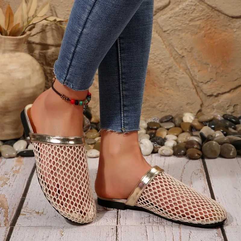 Summer Mesh Cold Smooth Womens Sparkling Crystal Stud Flat Muller Shoes Fish Net Hollow Ballet Dance Shoes Net Semi SmoothXJ250407