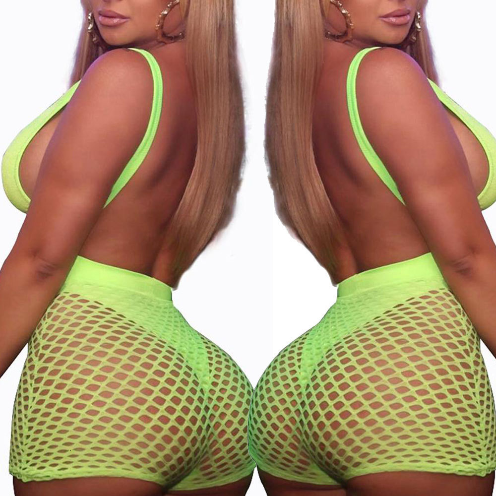 Women Sexy Two Piece Fishnet Swimwear High Waist Shorts 2 Pieces Bikini Set Tanga Swimming Suit Push Up Mesh Neon Swimsuit Y19062901