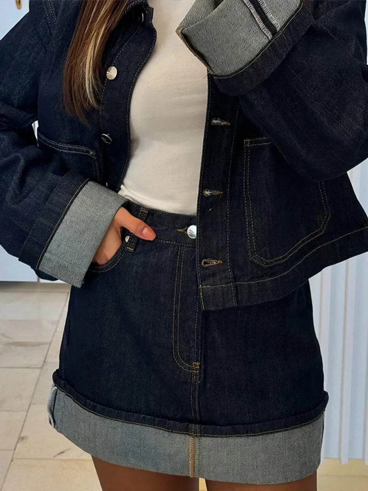 Denim Coat Mini Skirt Women 2 Piece Set Lapel Long Sleeve Button Pocket Jacket A-line Skirts Suit Lady 2025 Spring Street Outfit 250408