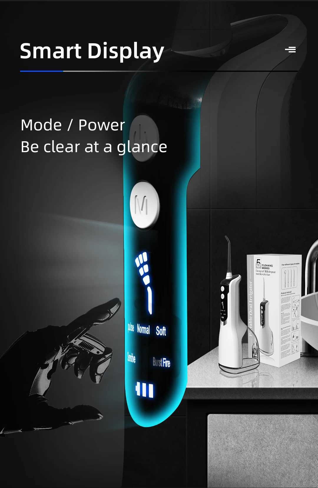 Oral irrigator 40-140PSI dental scale sink rechargeable dental water jet 5-speed 330ML IPX7 waterproof tooth cleaner M250408