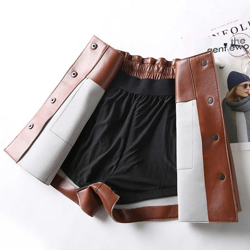 Spring Shorts Women Sheepskin Genuine Leather Shorts Black Brown Leopard Print High Waist Pocket Short Feminino Sexy Shorts 250408