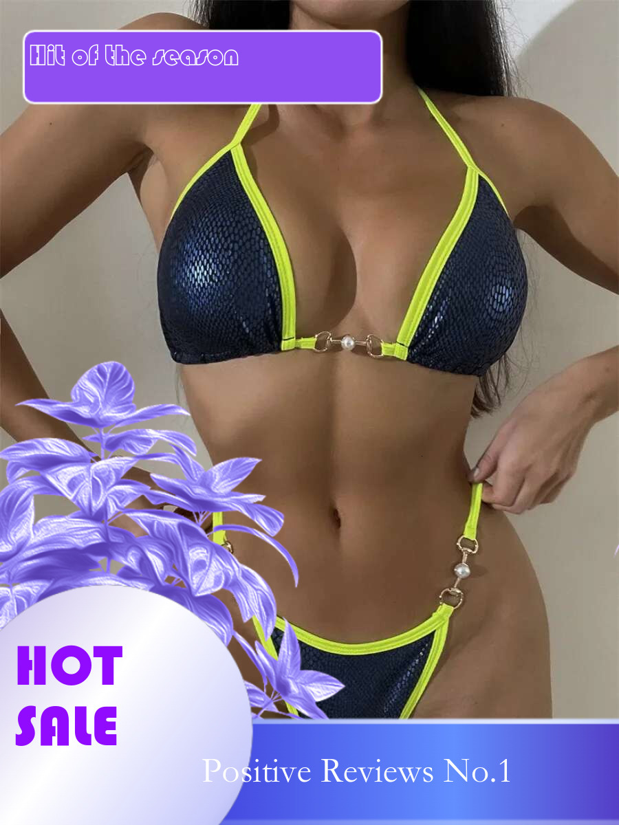 Dongdumaoyi Sexy Black Snakeskin Print Bikinis Sets Women Neon Strap Contrast Push Up Micro Swimsuit Bathing Suit Pearl Thong Swimwear
