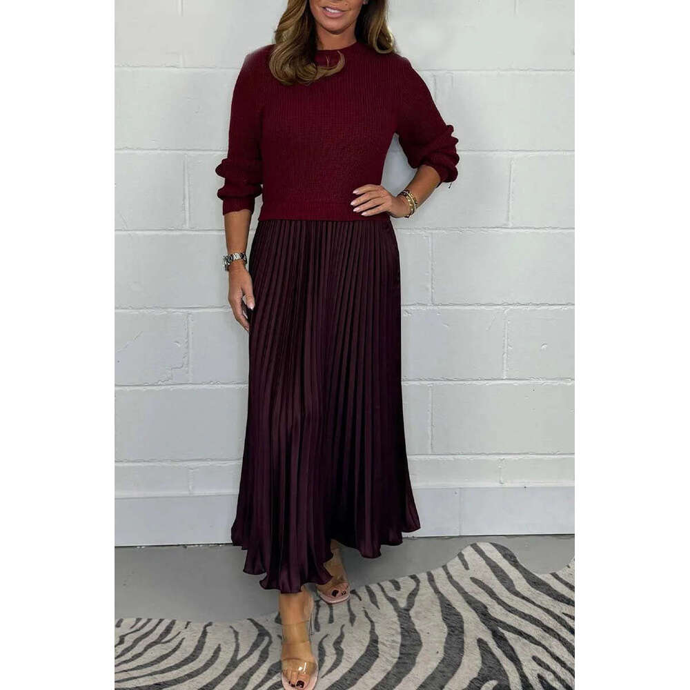 autumn winter European American solid color knitted long sleeved sweater patchwork pleated dress, women's 2025 new style, chic and elegant clothi