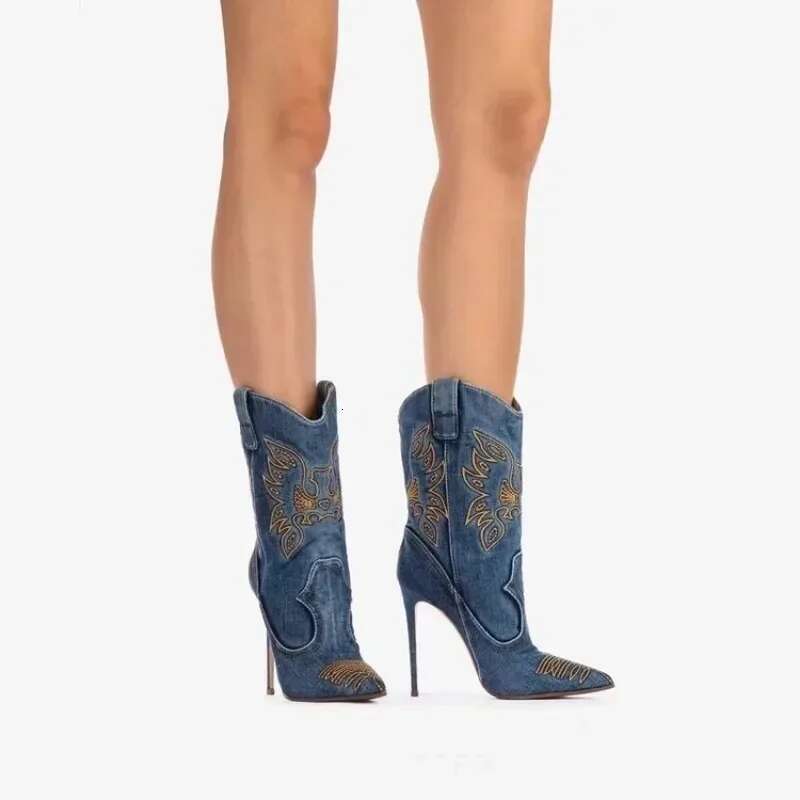 2025 Western European And American Denim Slim Fit High Heels, Women's Sexy Embroidered Knights Pointed Short Boots, Runway Shoes