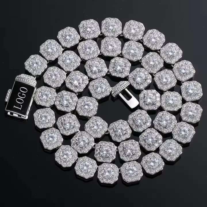 Moissanite Chain Hiphop 10mm Cluster Tennis Chain 925 Sterling Silver Iced Out VVS Moissanite Tennis Chain