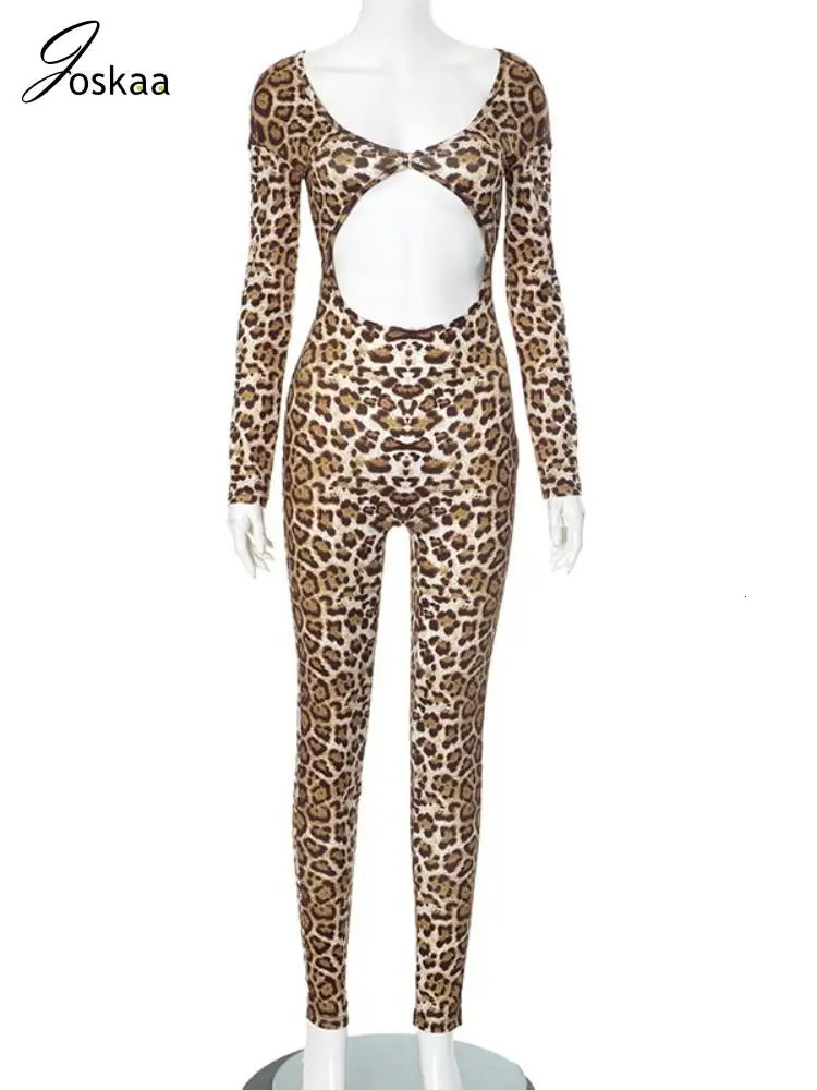 Joskaa Leopard Print Hollow Jumpsuits Women Sexy V-Neck Full Sleeve Backless Skinny One Piece Overalls Nightclub Y2K Streetwear 250407