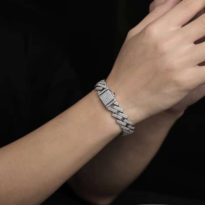 Custom Mossanite Cuban Bracelet Fine Jewelry 2rows 14mm S925 Silver GRA Moissanite Bracelet VVS Lab Diamond Cuban Bracelet