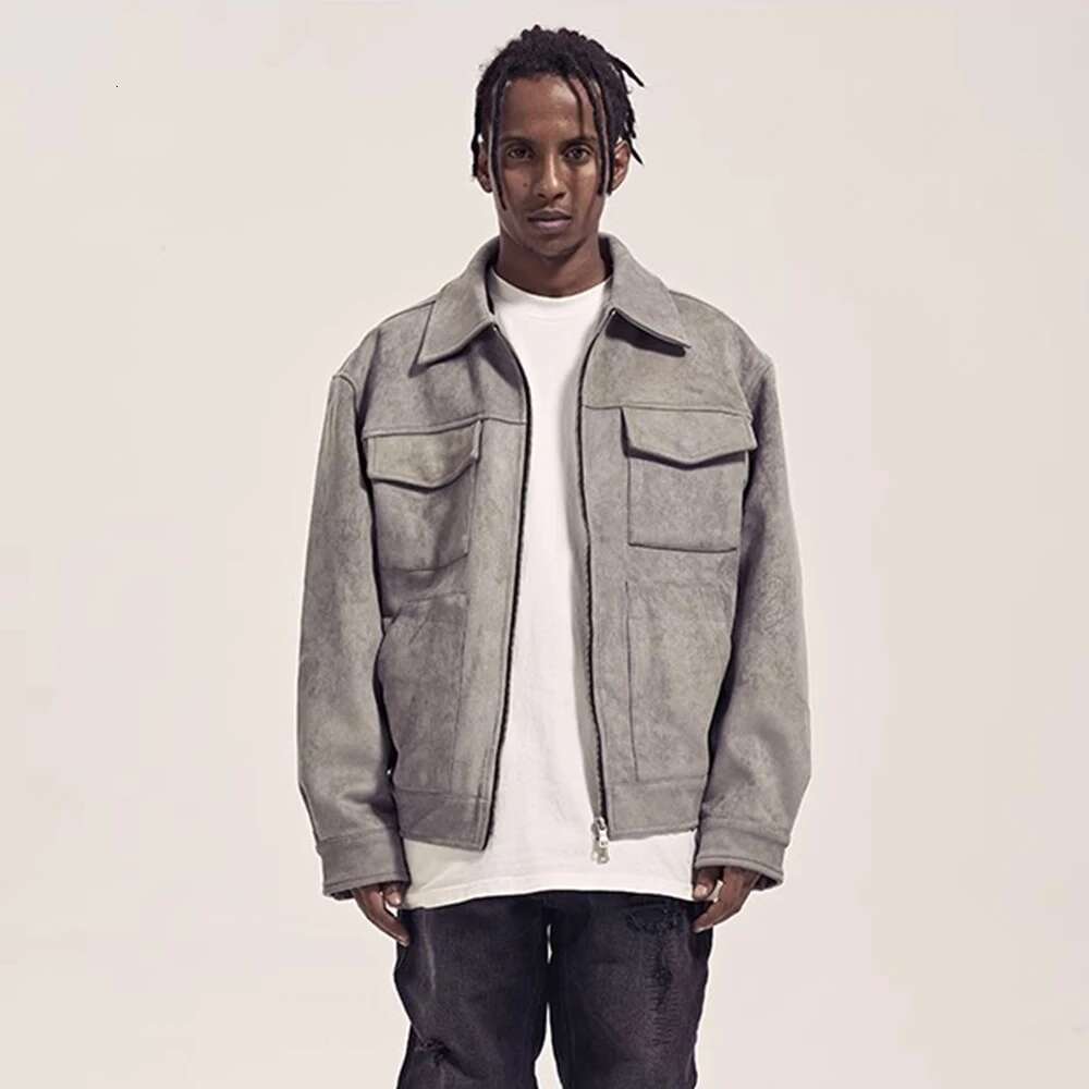 Multi-Pocket Suede Jacket Mens Autumn Winter Retro Solid Color Lapel Loose Casual Long Sleeve Zipper Outerwear Men