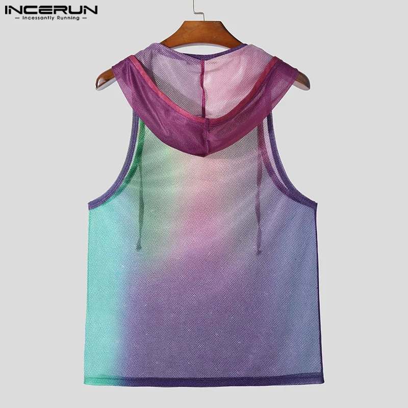Fashion casual style top INCERUN sexy mens gradient hollow sleeveless hooded vest fashion mens thin vest S-5XL 250403