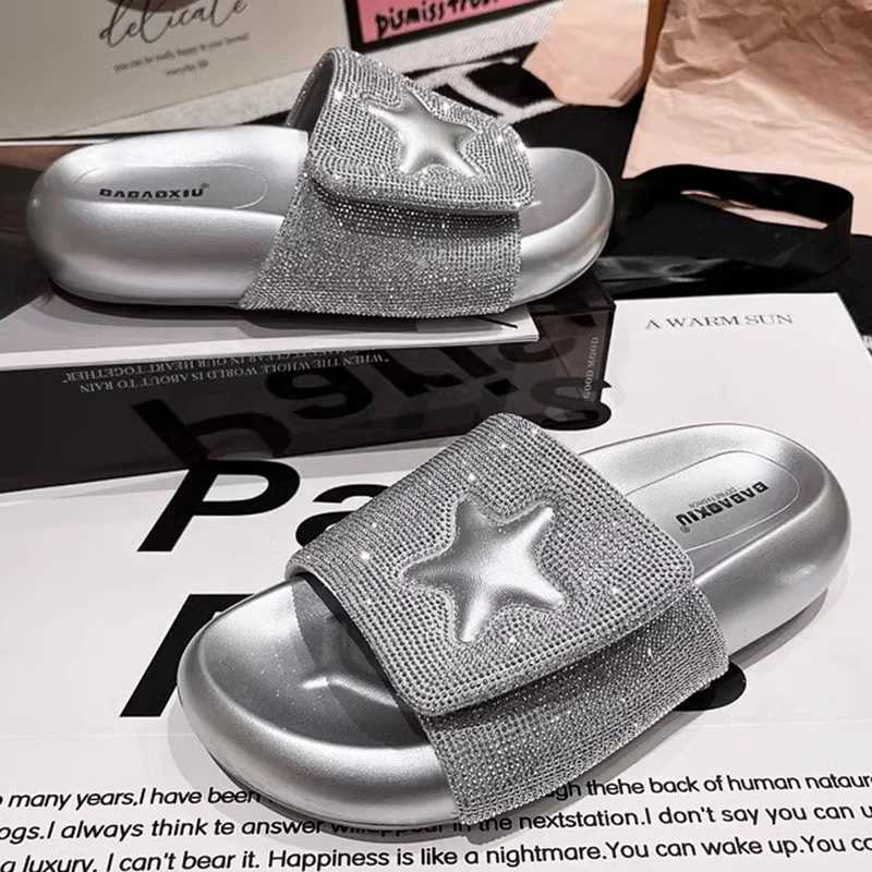 Summer Womens Slide Platform Sandals Sparkling Star Decorative Slide Comfortable Outdoor Beach Leisure Indoor ShoesXJ250407