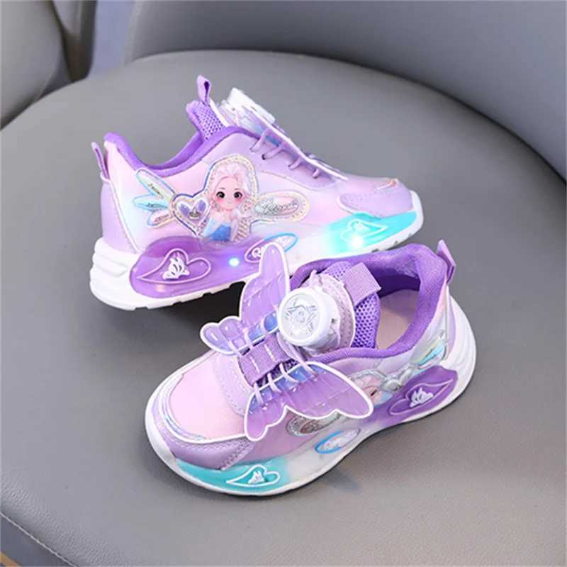 LED casual sports shoes Spring Girls Elsa Princess leather swivel buckle childrens shoes anti slip pink purple W250407