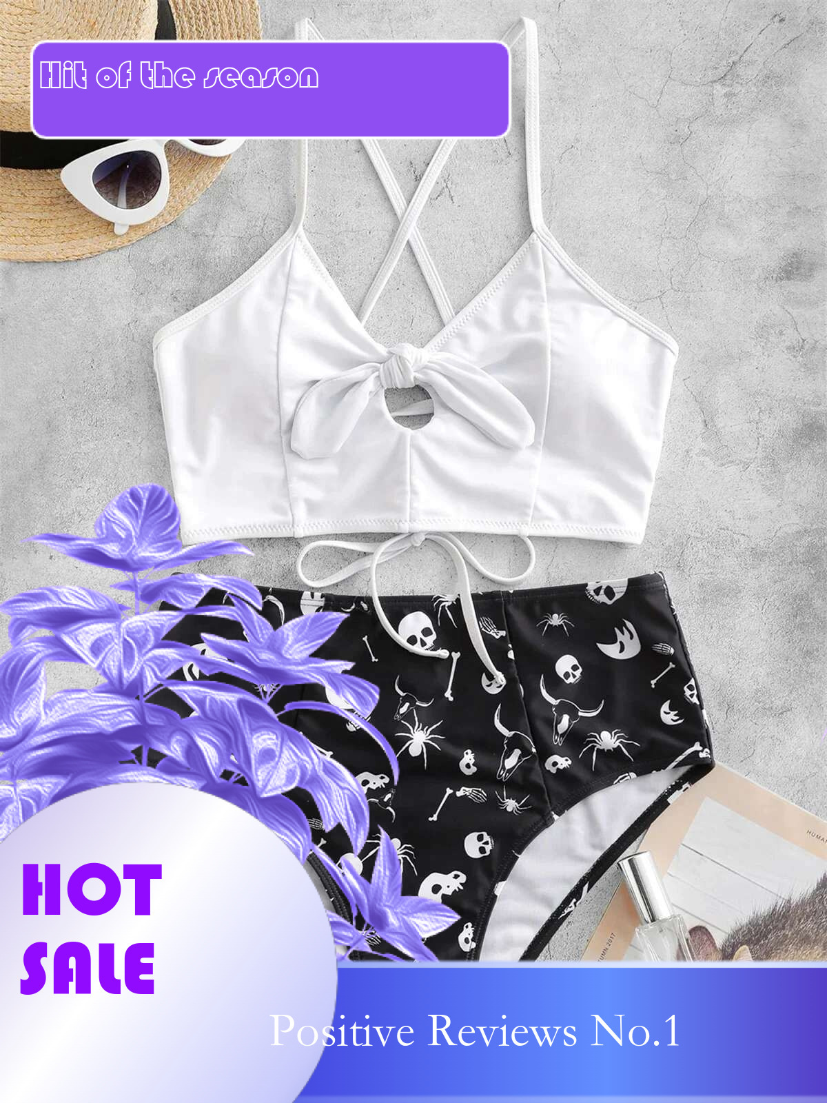 Dongdumaoyi Sexy Front Bow Bikini Set Mujer Women Cut Out Push Up Skull Print Piece Swimsuit Summer Bathing High Waist Biquini