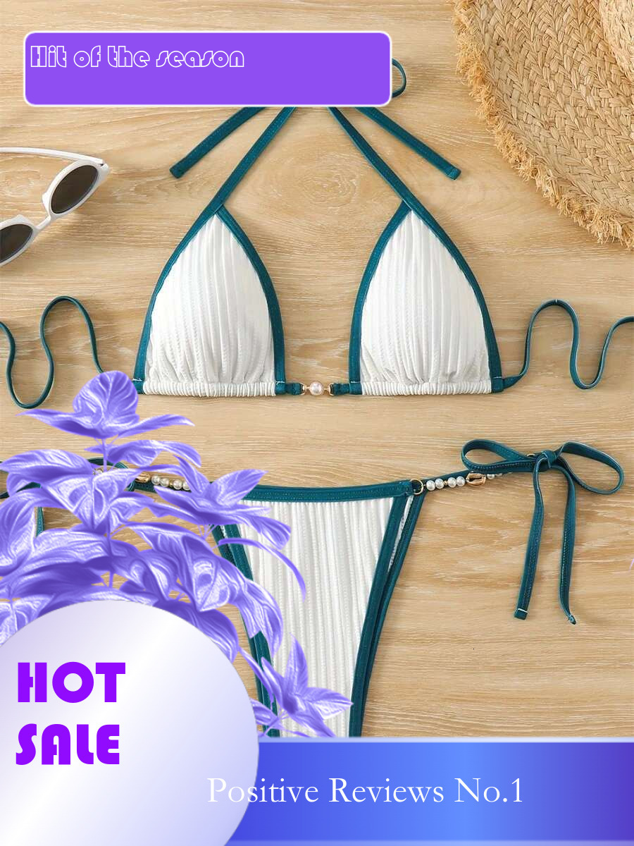 Dongdumaoyi Sexy Micro Bikini Women White Contrast Pearl Tie Side Thong Swimsuit Brazilian Cut Out Beach Bathing Suit Swimwear Biquini