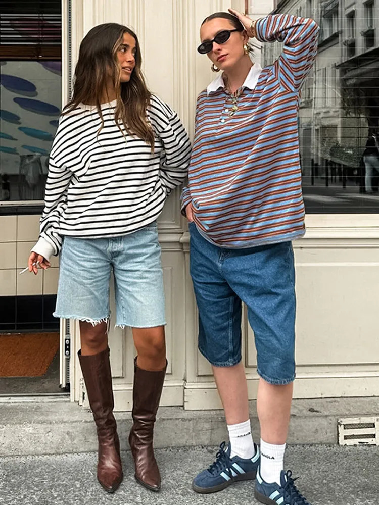 Fashion Stripe Printed Polo Shirts Women Long Sleeves Turn Down Collar Loose Short Blouses 2025 Spring Casual Street Outfits 250408
