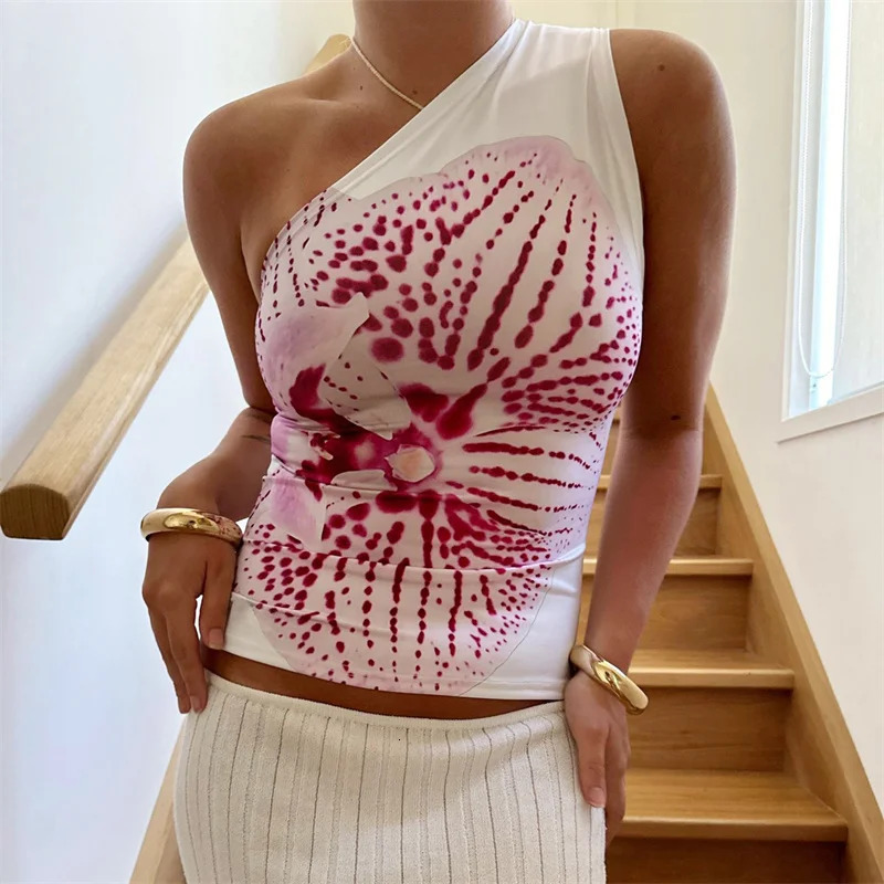 Xingqing One Shoulder Tank Top for Women Floral Print Sleeveless Backless Vest Cropped T Shirt y2k Aesthetic Clothing Streetwear 250407