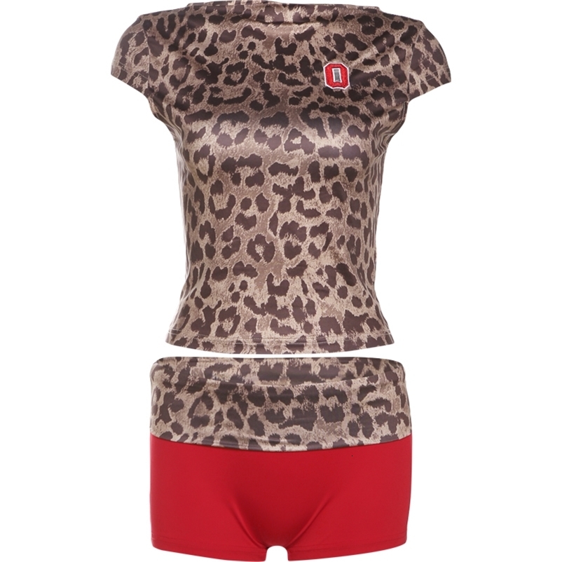 Weird Puss Leopard Print Women 2 Piece Set Tracksuit Sexy Shorts Sleeve Crop TopsShorts Stretch Matching Outfits 250407