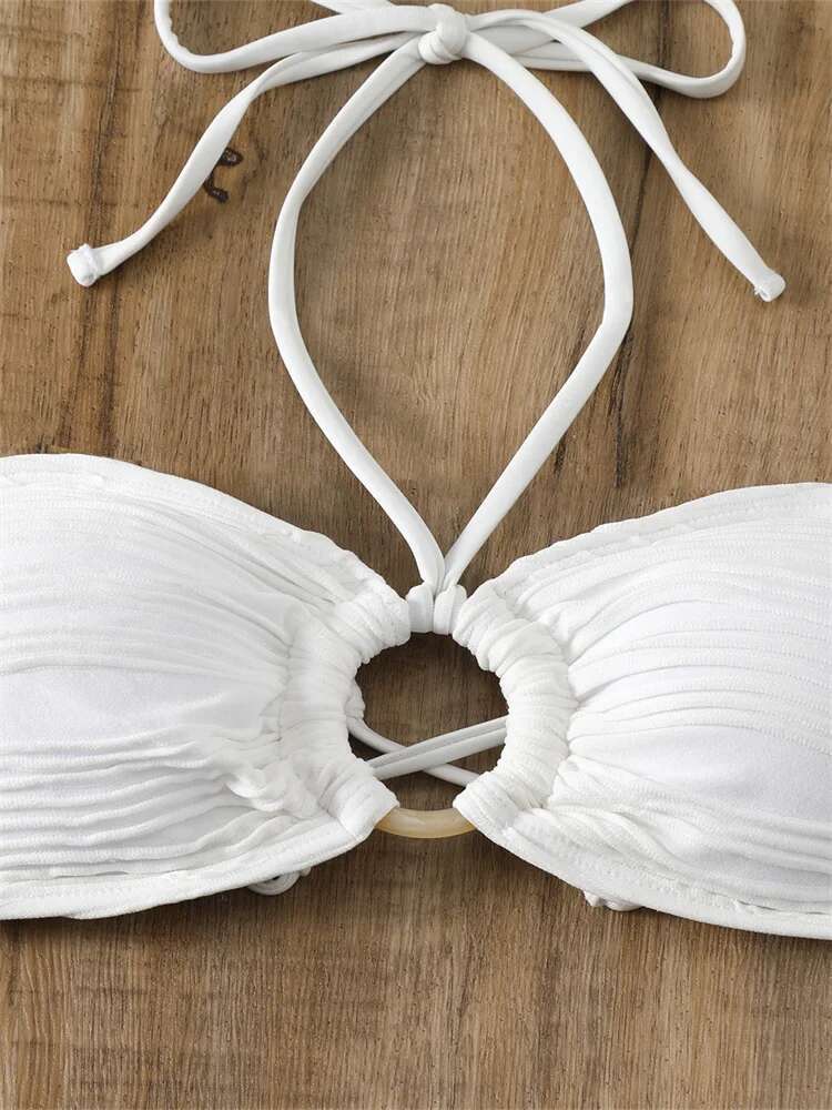 Dongdumaoyi Sexy Bikini Women White Ring Linked Hollow Out Push Up Micro Swimsuit Brazilian Bandeau Bathing Suit Bandage Thong Swimwear