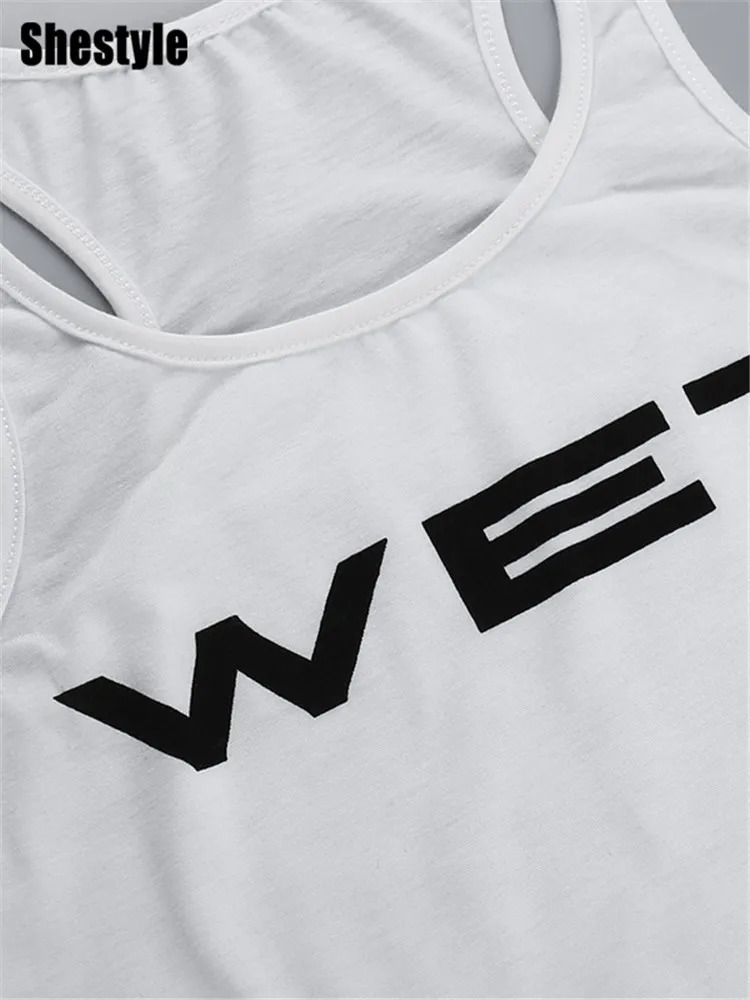 Shestyle Wet Letter Print White Tank Top Transparent Sexy Sleeveless Crew Neck Crop Camisole Streetwear Summer Y2K 250407