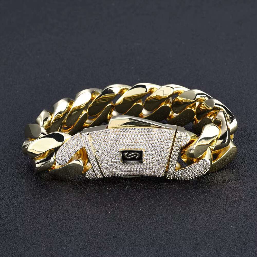 NUOYA Iced Out Diamond Clasp 14K Gold Plated Solid Thick Miami Cuban Link Bracelet Fashion Hip Hop Jewelry for Men and Women