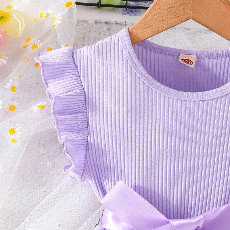 Set For Kids Girl 3-7 Years old Ruffled Sleeve Butterfly Floral Tulle Cute Princess Formal Dresses with Belt Ootd For Baby Girl 250408