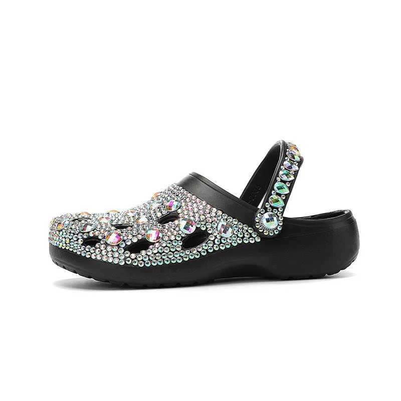 New Arrival New thick soled rhinestone hole shoes with handmade diamond inlaid casual sandals and outdoor slippers two-piece set T250407