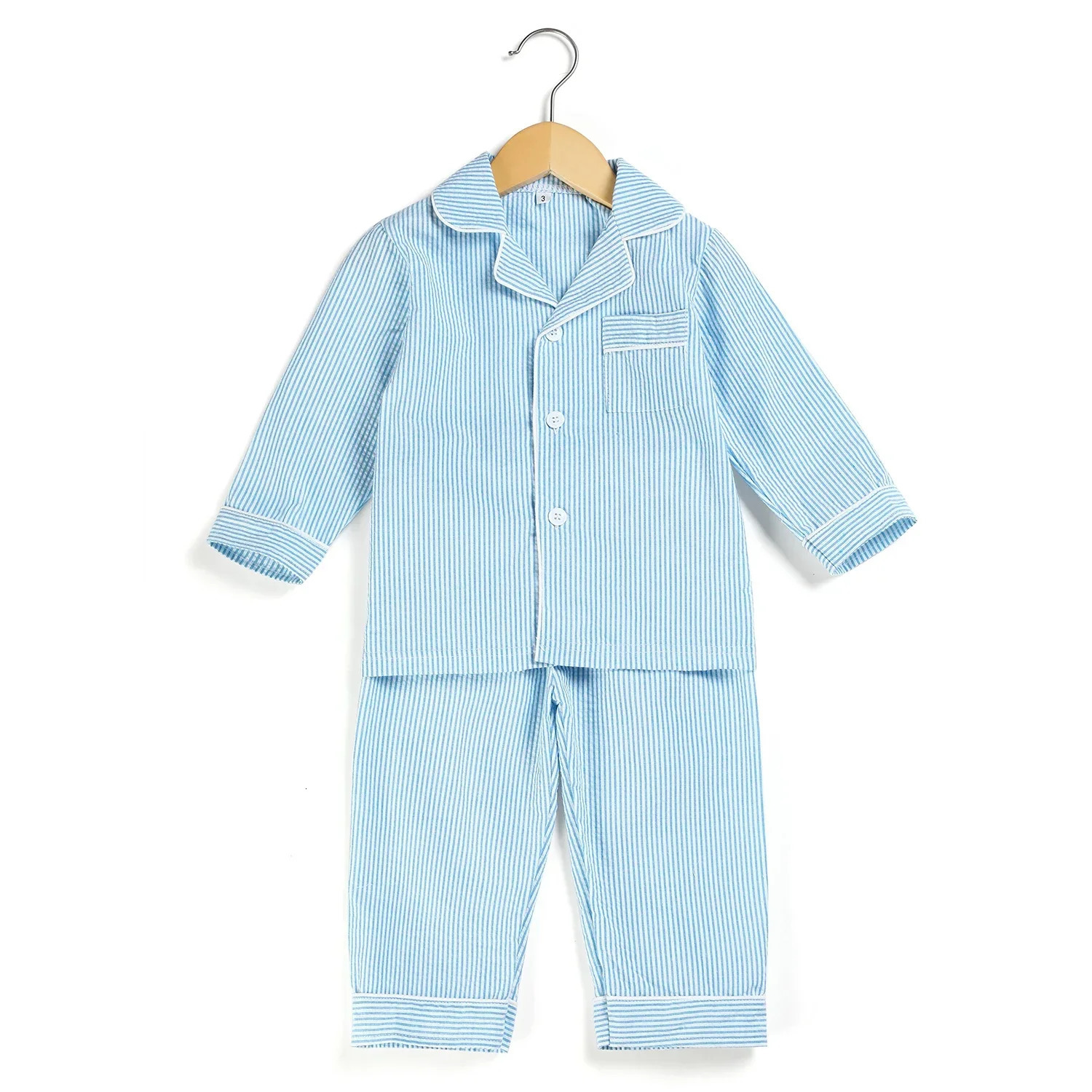 Ruffkids 100% Cotton Summer Kids Pajamas Sleepwear Seersucker Striped Matching Pjs Boys Clothes Loungewear Girls Pyjamas Set 250407