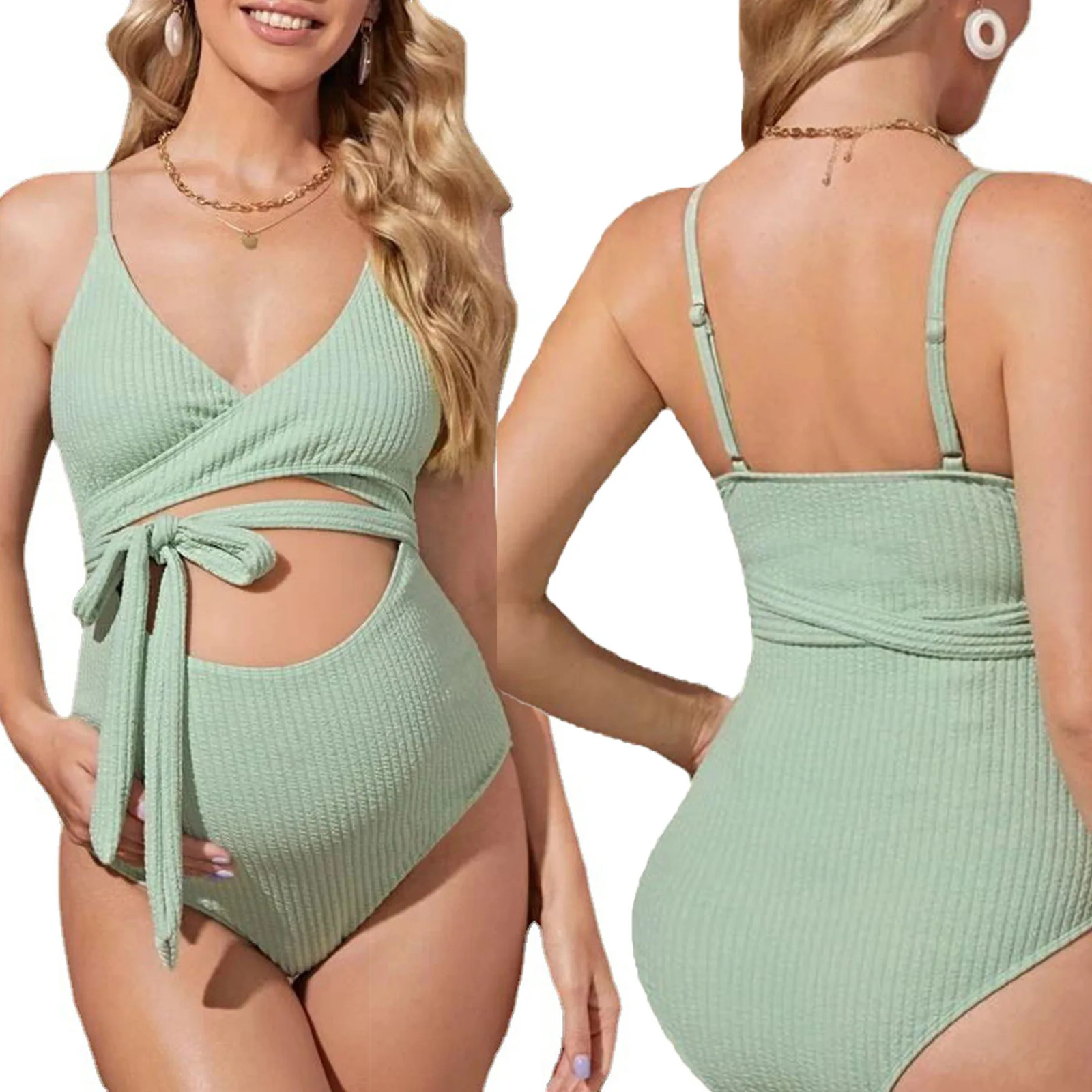 Maternity Bikini Wear For Pregnant Women Solid Green Hollow Swimsuits Pregnancy One Piece Bow Tie Bathing Suit Premama Swimwears 250407