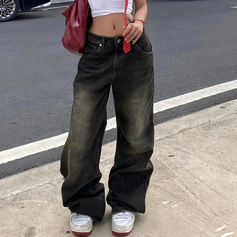Womens low rise jeans Gothic Y2k style bagged punk wide leg denim pants Kpop casual loose streetwear 250407