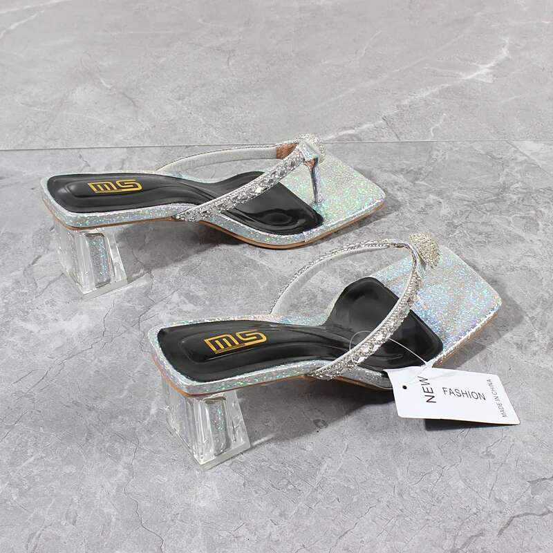 Fashion slippers 2025 summer new crystal folding high heels square high heels Korean version outer designer women's sandals 6CM1