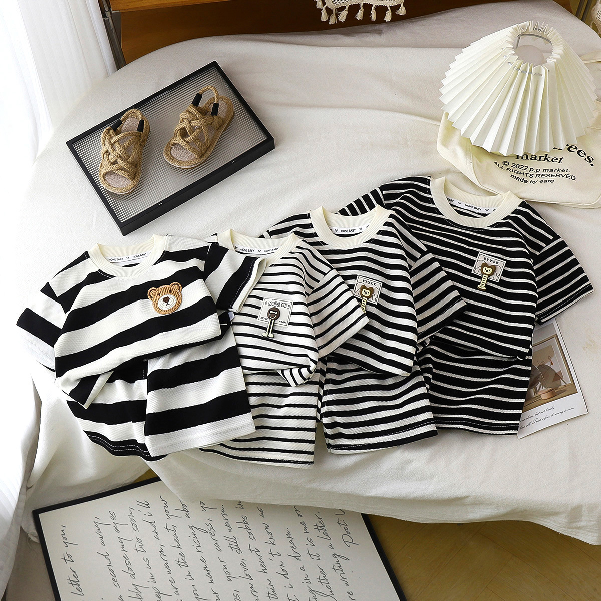 Ddmyshoesvip Children S Short Sleeved Set With Black And White Stripes Boys T Shirt Baby S Summer Children S Clothing Girls Shorts New Baby Clothes