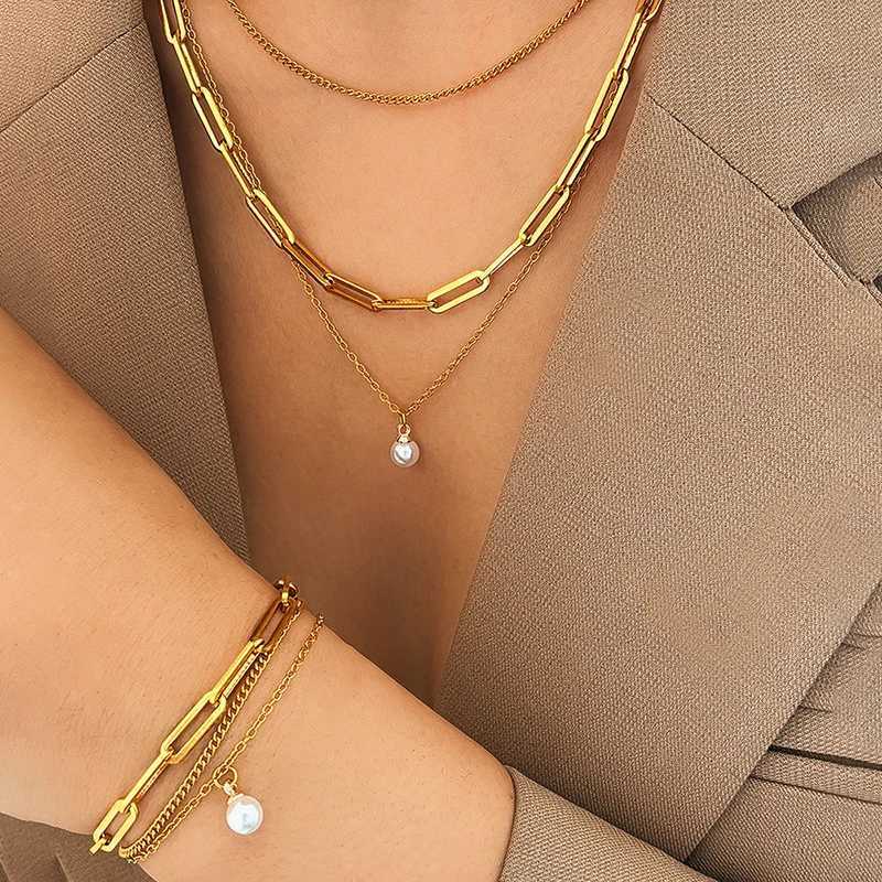 EILIECK 316L Stainless Steel Pearl Charm Necklace Bracelet Set Womens Fashion Gold Multi layer Chain Waterproof Jewelry Y250408