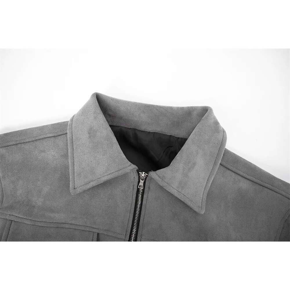 Multi-Pocket Suede Jacket Mens Autumn Winter Retro Solid Color Lapel Loose Casual Long Sleeve Zipper Outerwear Men