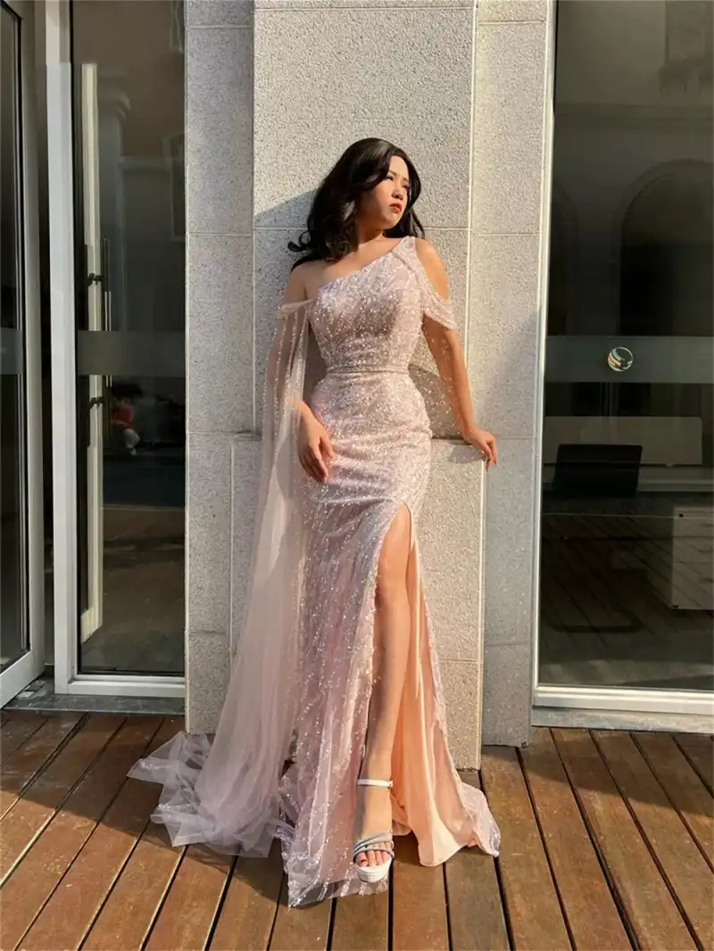 Gorgeous Prom Dresses With One Shoulder Lace Beads Sequins Appliques Side High Split Floor Length Plus Size Formal Special Occasion Vestido De Noite