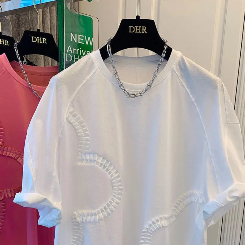 Neploe Oversize Summer O-neck T-shirt Y2k Loose Short Sleeve White Cotton T-shirt Medium Length Petal Fungal Top Womens 250402