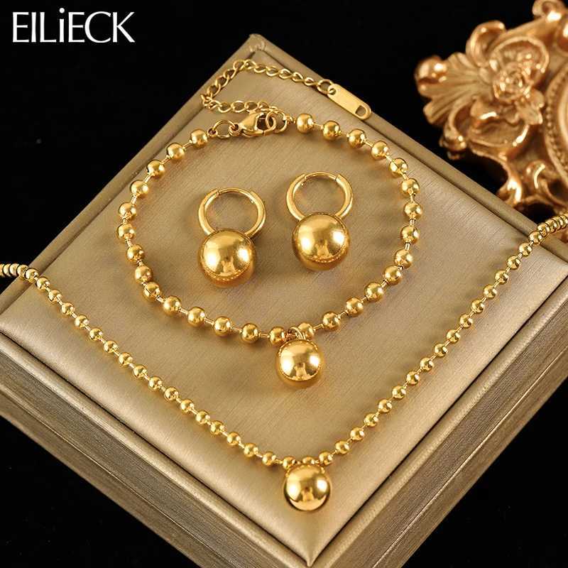 EILIECK New Fashion Stainless Steel Metal Bead Necklace Bracelet Earrings Womens Fashion Waterproof Jewelry Set Gift Y250408