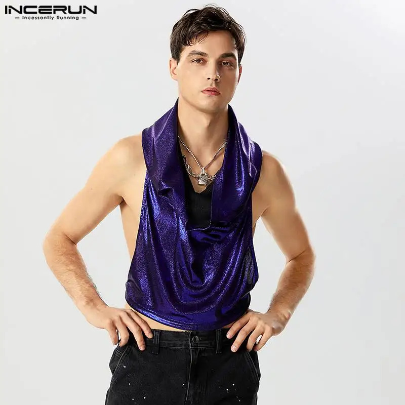 Mens Tank Top Sparkling V-neck Sleeveless Solid Irregular Vest Street Clothing Party Fashion Mens Crop Top S-5XL INCERUN 250402