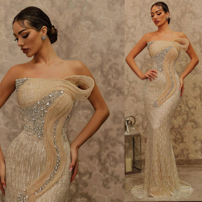 Luxury Beaded Rhinestone Mermaid Prom Dress Elegant Sequins Birthday Party Evening Gowns Customized Pleats Robes de