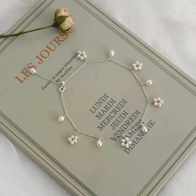 ASHIIQI Natural Freshwater Pearl Anklet Genuine 925 Sterling Silver Handmade Jewelry Wedding Jewelry Lady 250403