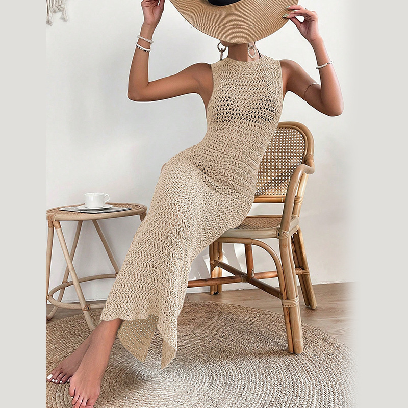 2024 Beach Dress Hollow Knitted Long Dress with Hanging Strap Open Back Sexy Dress