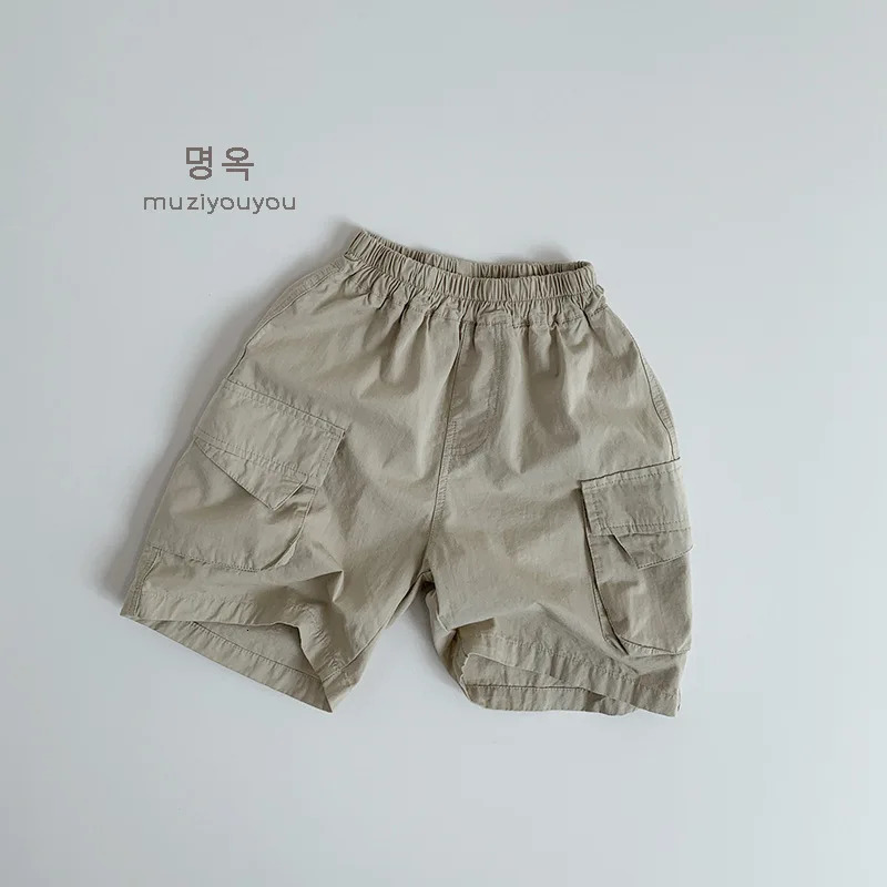 Summer childrens casual pants retro mens cargo pants large pocket childrens shorts girls loose pants baby solid color clothes 250408