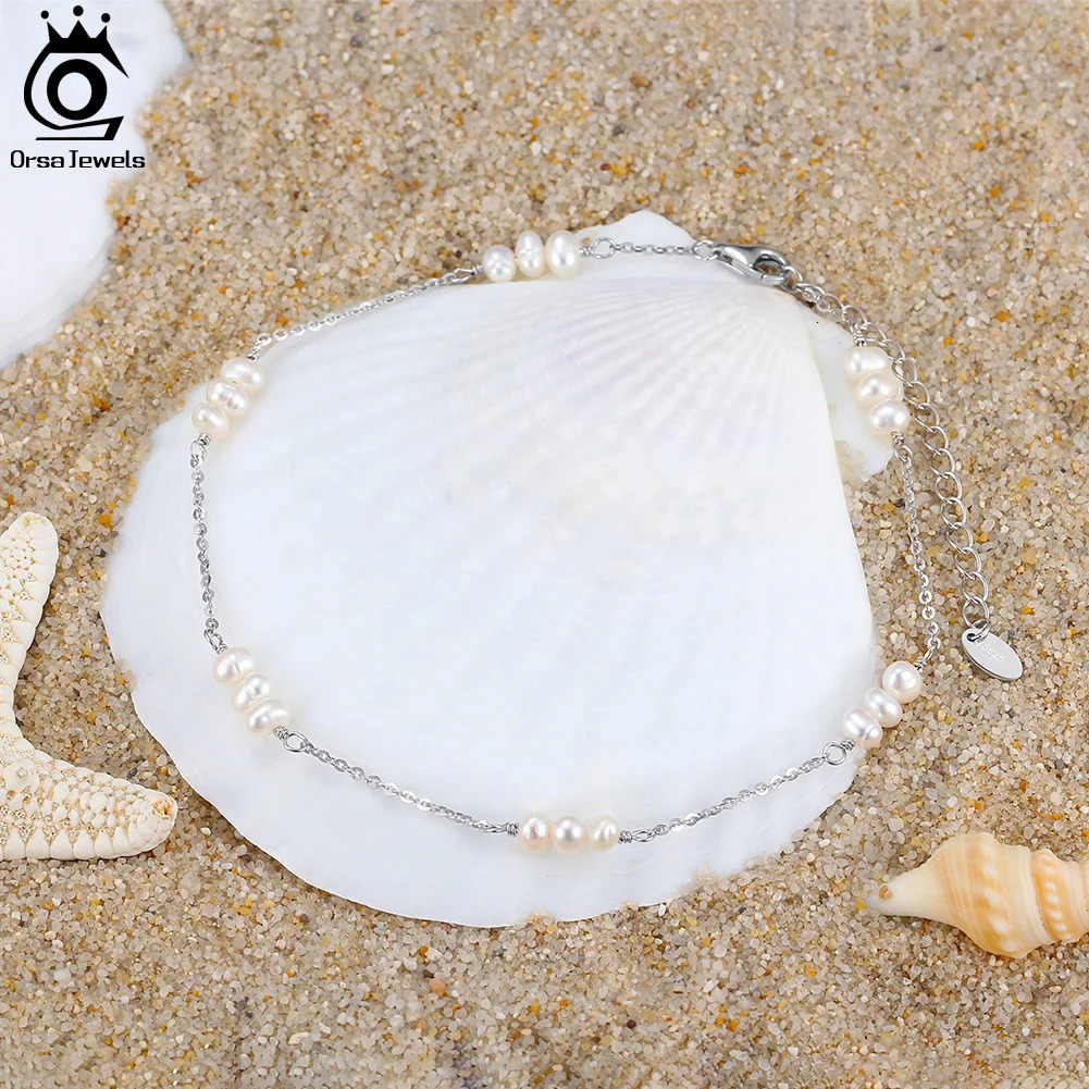 ORSA JEWELS 14K Gold 925 Sterling Silver Natural Pearls Chain Anklets for Women Fashion Foot Bracelet Ankle Straps Jewelry SA36 250403
