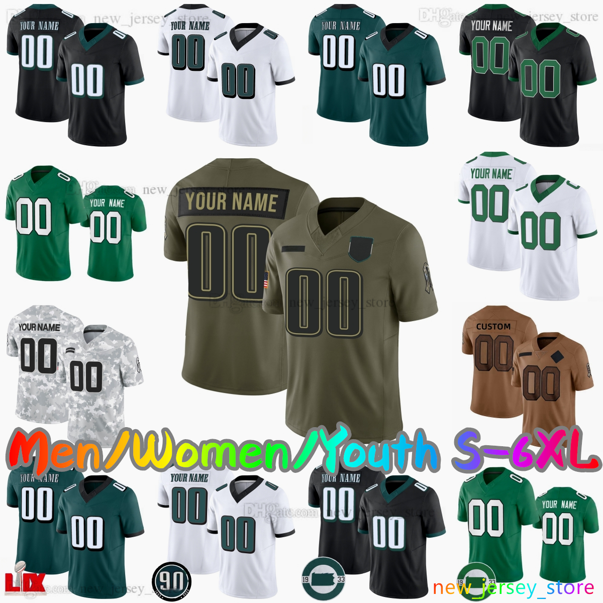 2025 Custom S-6XL DIY New 1 Jalen Hurts Football Jersey 26 Saquon Barkley 33 Cooper DeJean 11 AJ Brown 53 Zack Baun 6 DeVonta Smith 98 Jalen Carter Stitched Jerseys