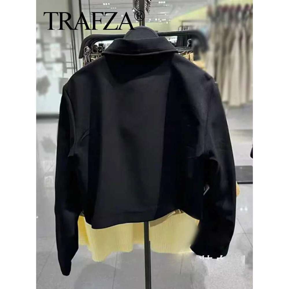 TRAFZA 2024 New Women Casual Trousers Suits Sports Short Jacket + Female Vinatge Black White Patchwork Baggy Pants Street