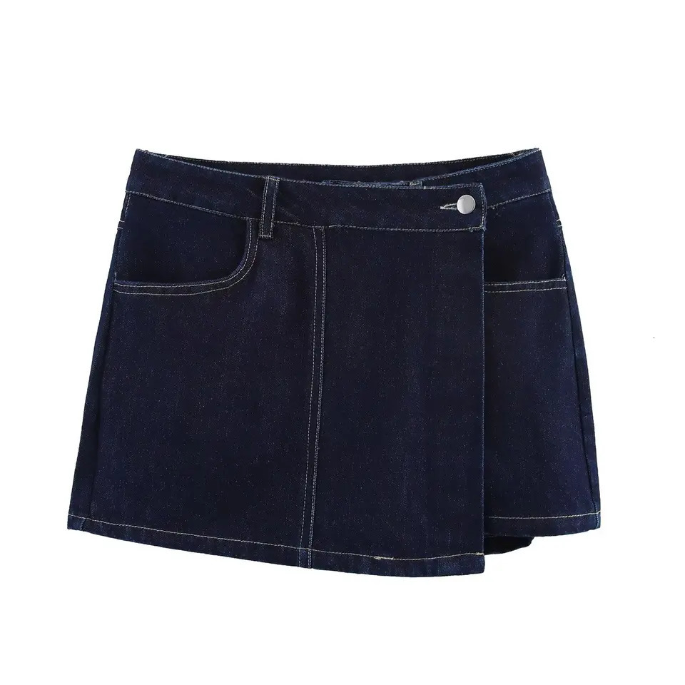 TRAFZA Women Casual Denim Set Lapel Buttons Shorts Shirts Asymmetrical Shorts Skirt 2025 Fashion Simple Daily Skort Set 250408