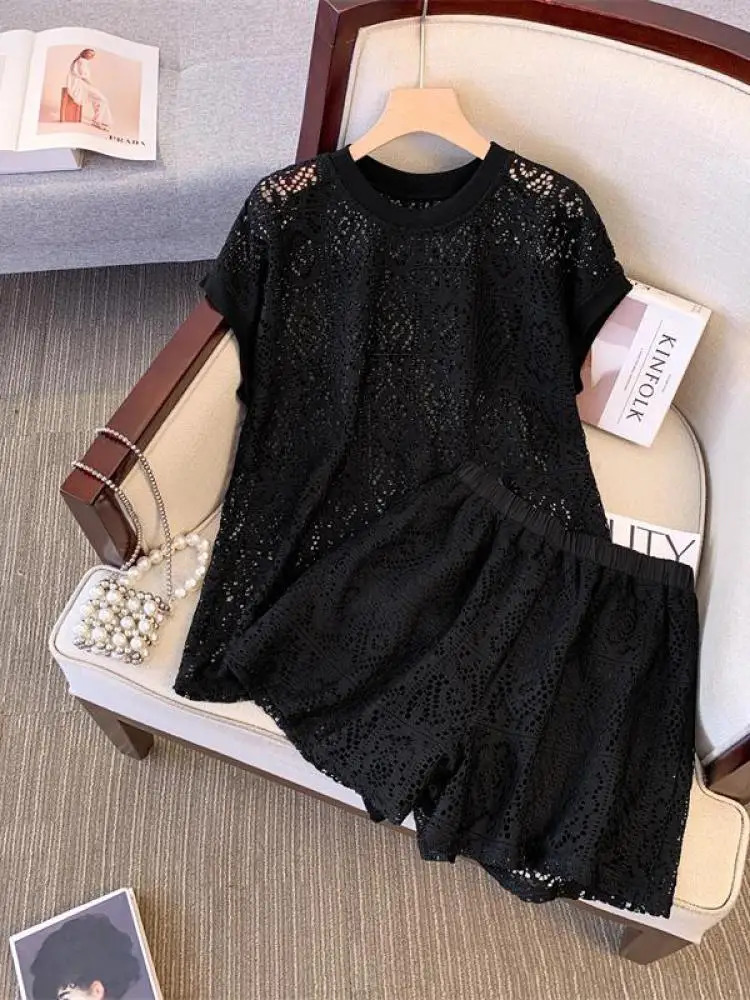 Fashion Solid Knitted Shorts Set for Womens Summer Cutting Zipper Casual High Waist Short Style Fashionable Beach Hollow Two Piece Set 250401