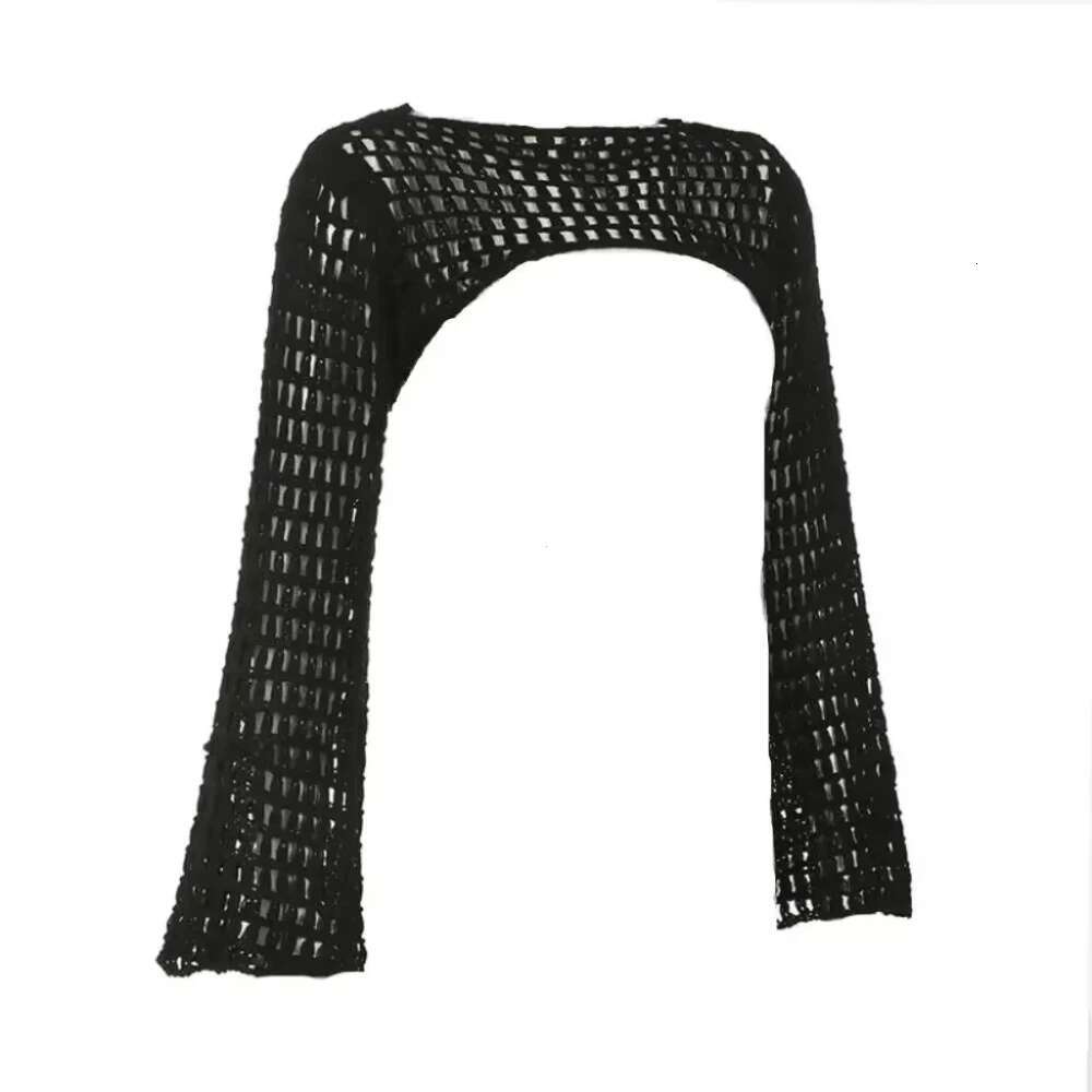 Y2k Crochet Knit Hollow Out Crop Top Long Flared Sleeve Shrug Sweater Mesh Cover Ups Cardigan Streetwear Pullover Women